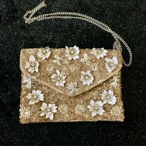 Beaded Floral Evening Clutch with Chain Strap
